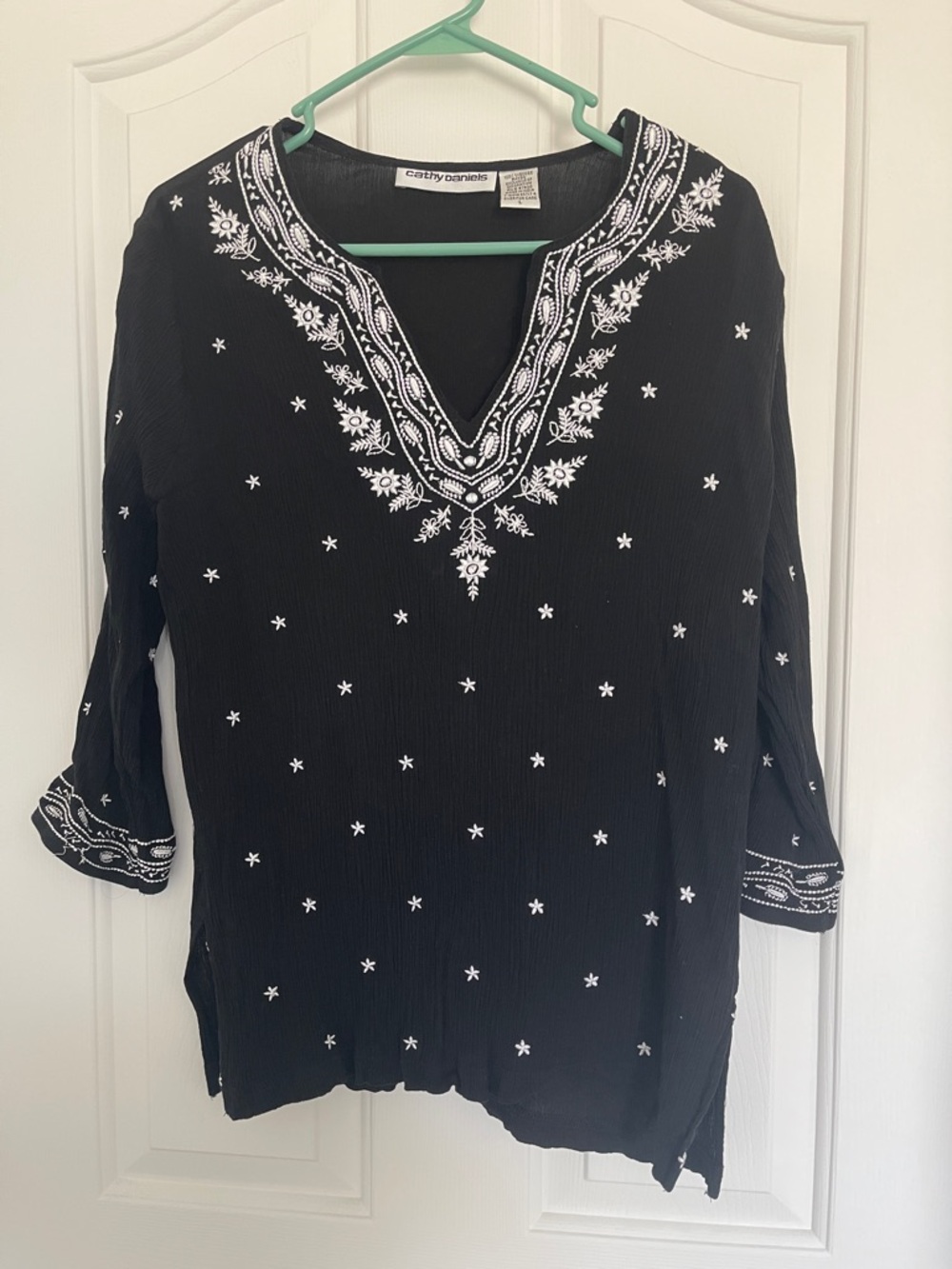 Cathy Daniels Black Tunic with White Embroidered V-Neck